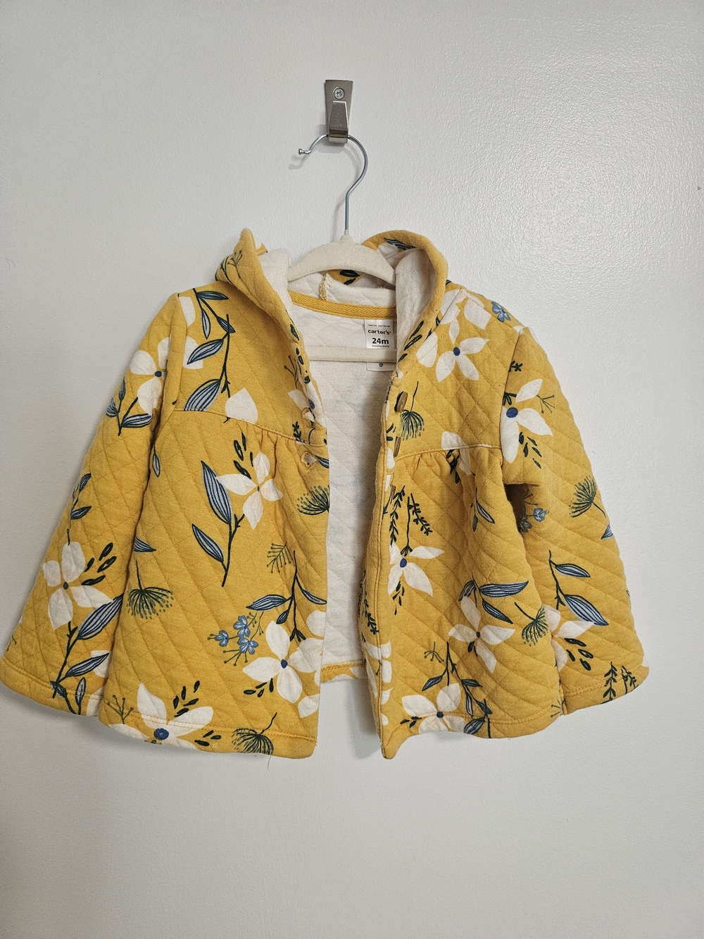 🧸2/20$ Carter's Yellow Quilted Hooded Floral Jacket Size 24M Toddler Girl